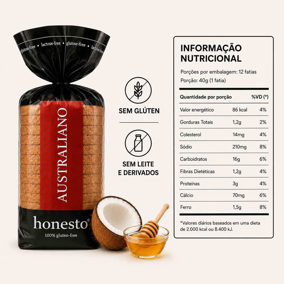 Pão Australiano Honesto sem glúten com tabela nutricional e sugestão de consumo