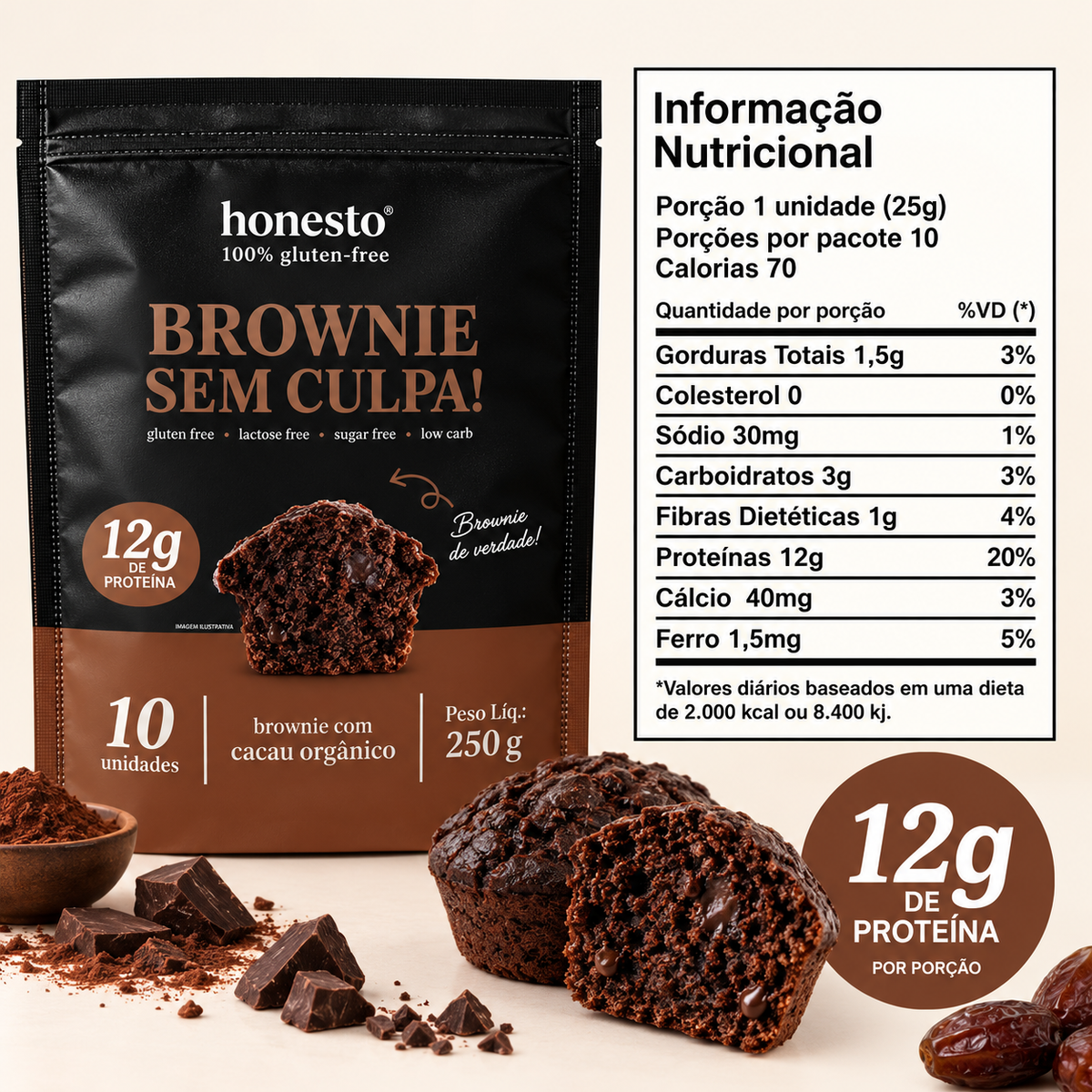 Brownie Sem Culpa Honesto com tabela nutricional e 12g de proteína por porção