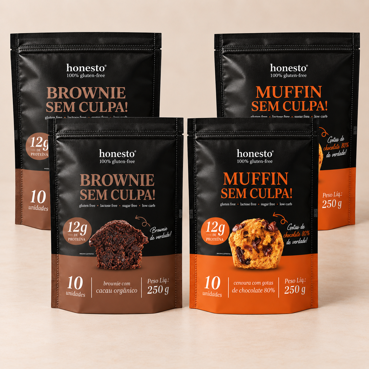 Combo Sem Culpa Honesto com 2 Brownies e 2 Muffins de Cenoura com Gotas de Chocolate 80%
