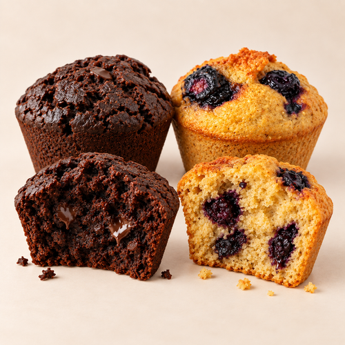 Brownie Sem Culpa e Muffin Milho & Blueberry Honesto, inteiros e abertos.