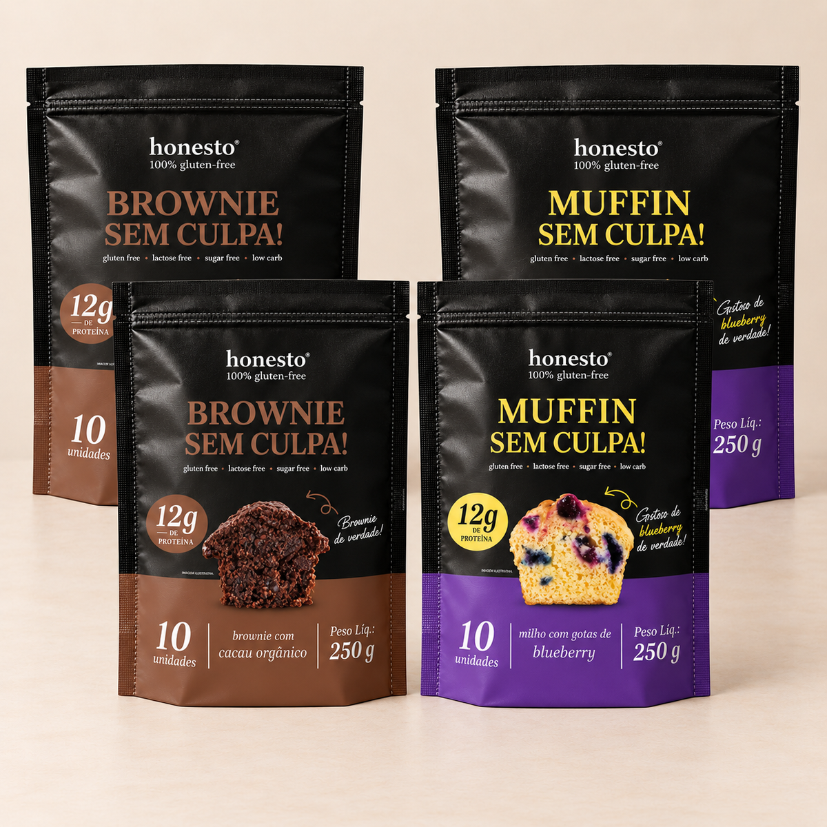 Combo Sem Culpa Honesto com 2 Brownies e 2 Muffins Milho & Blueberry sem glúten.