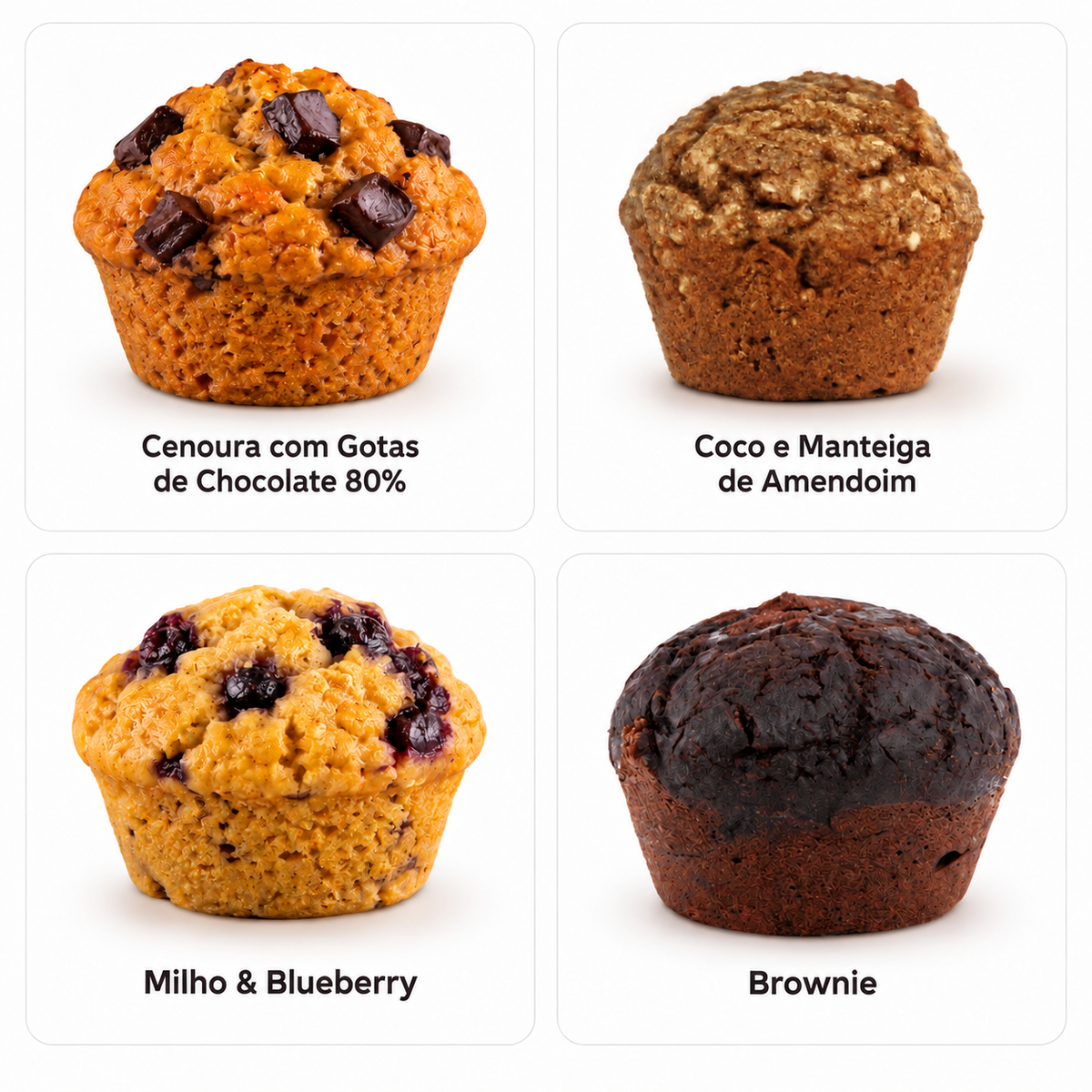 Brownie e muffins Cenoura com Chocolate 80%, Coco e Manteiga de Amendoim e Milho com Blueberry