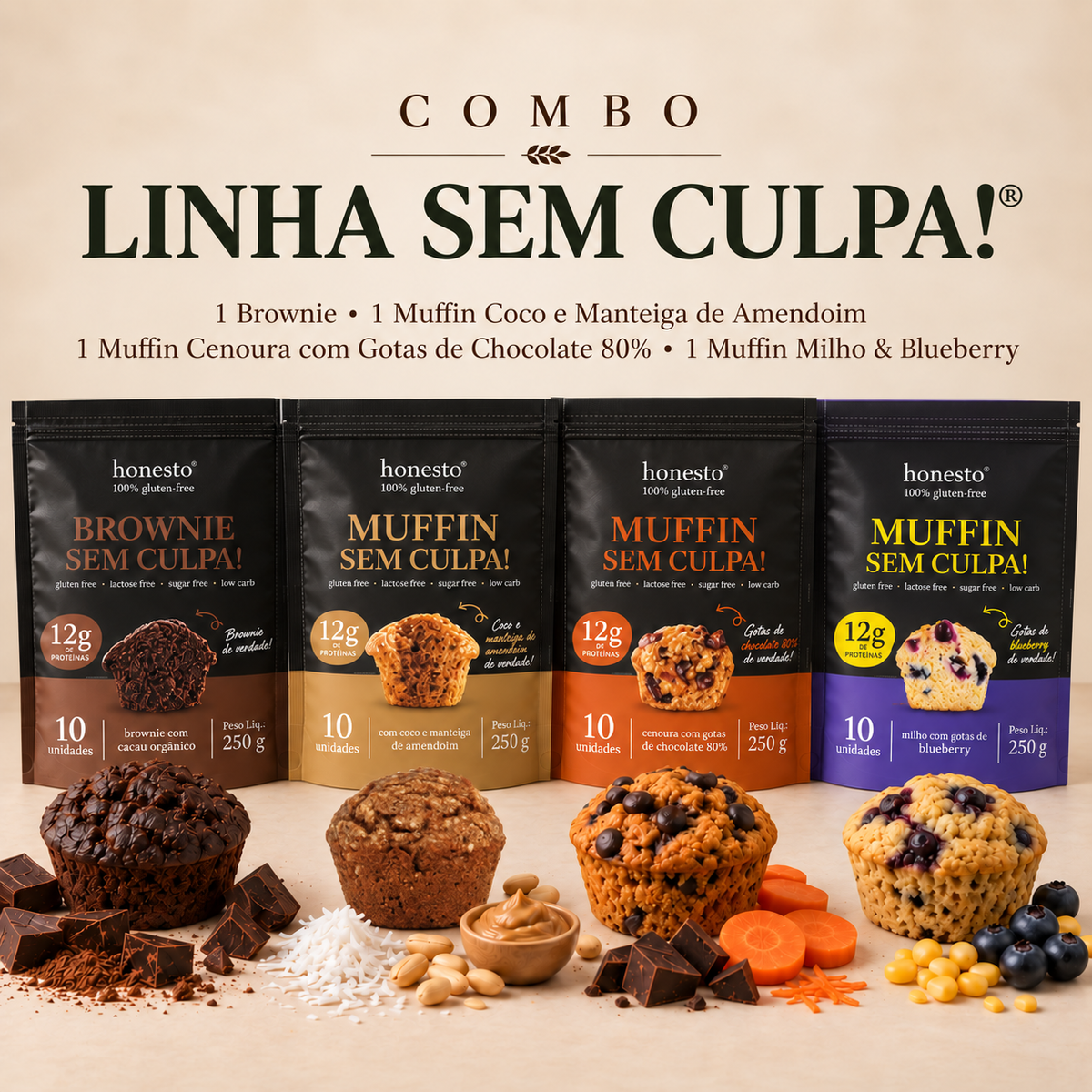 Combo Linha Sem Culpa Honesto sem glúten com brownie e três sabores de muffins