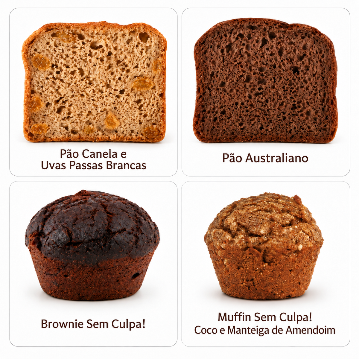 Pão Canela, Pão Australiano, Brownie Sem Culpa e Muffin Coco e Manteiga de Amendoim do Combo Os Mais Vendidos Honesto
