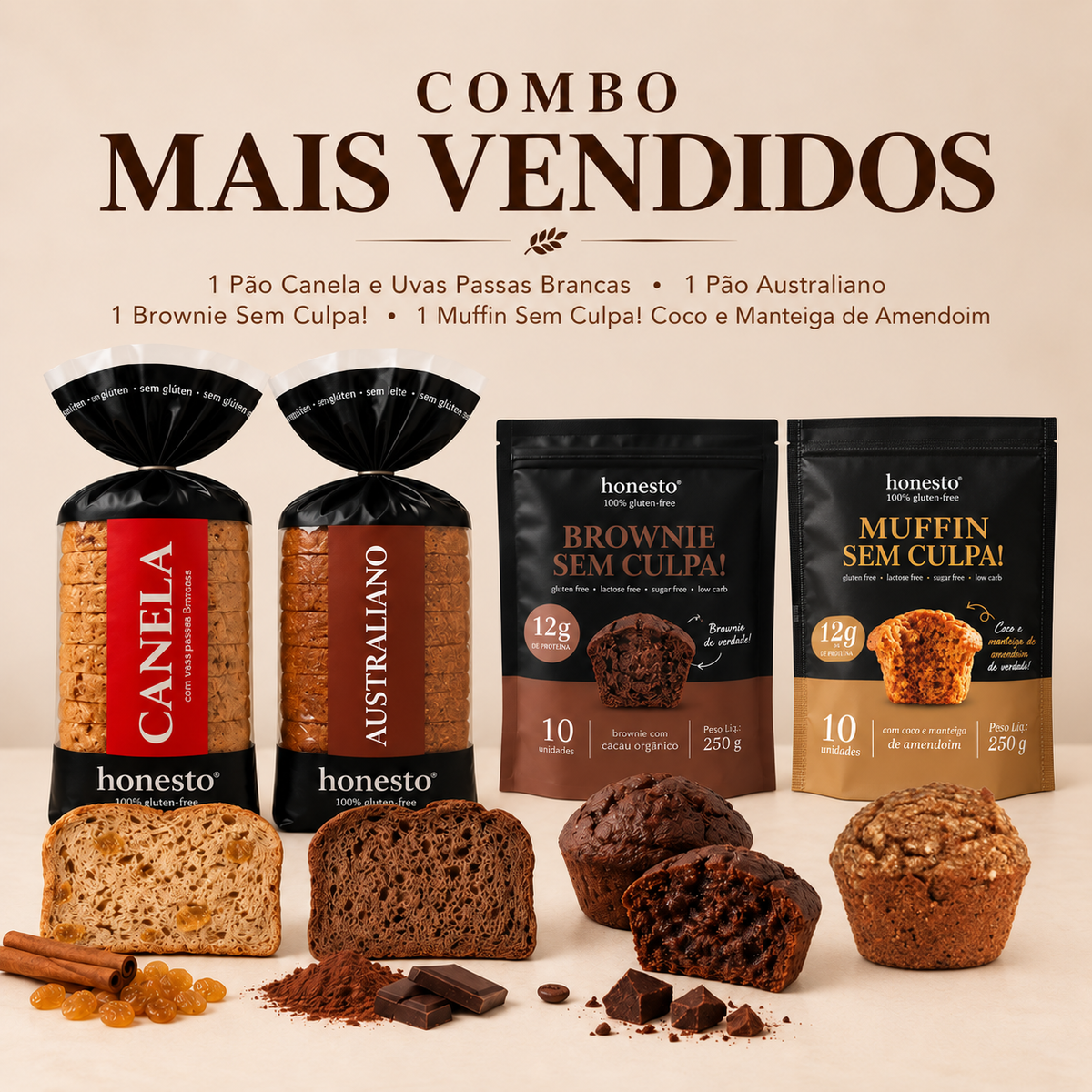 Combo Os Mais Vendidos Honesto com Pão Canela, Pão Australiano, Brownie Sem Culpa e Muffin Coco e Manteiga de Amendoim