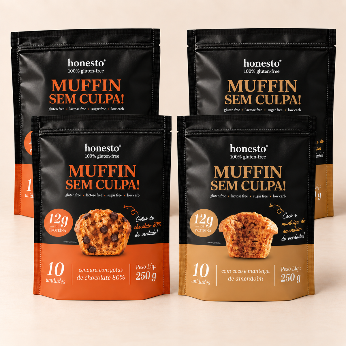 Combo com 2 Muffins Coco e Manteiga de Amendoim e 2 Muffins Cenoura com Chocolate 80% Honesto
