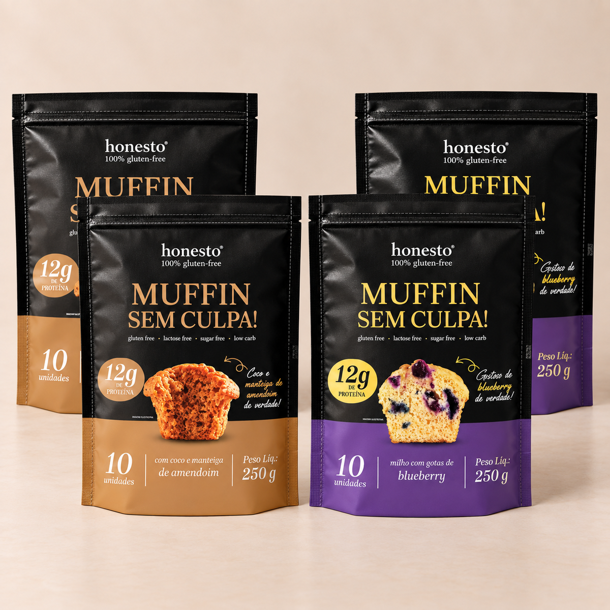 Combo com 2 Muffins Coco e Manteiga de Amendoim e 2 Muffins Milho & Blueberry Sem Culpa Honesto
