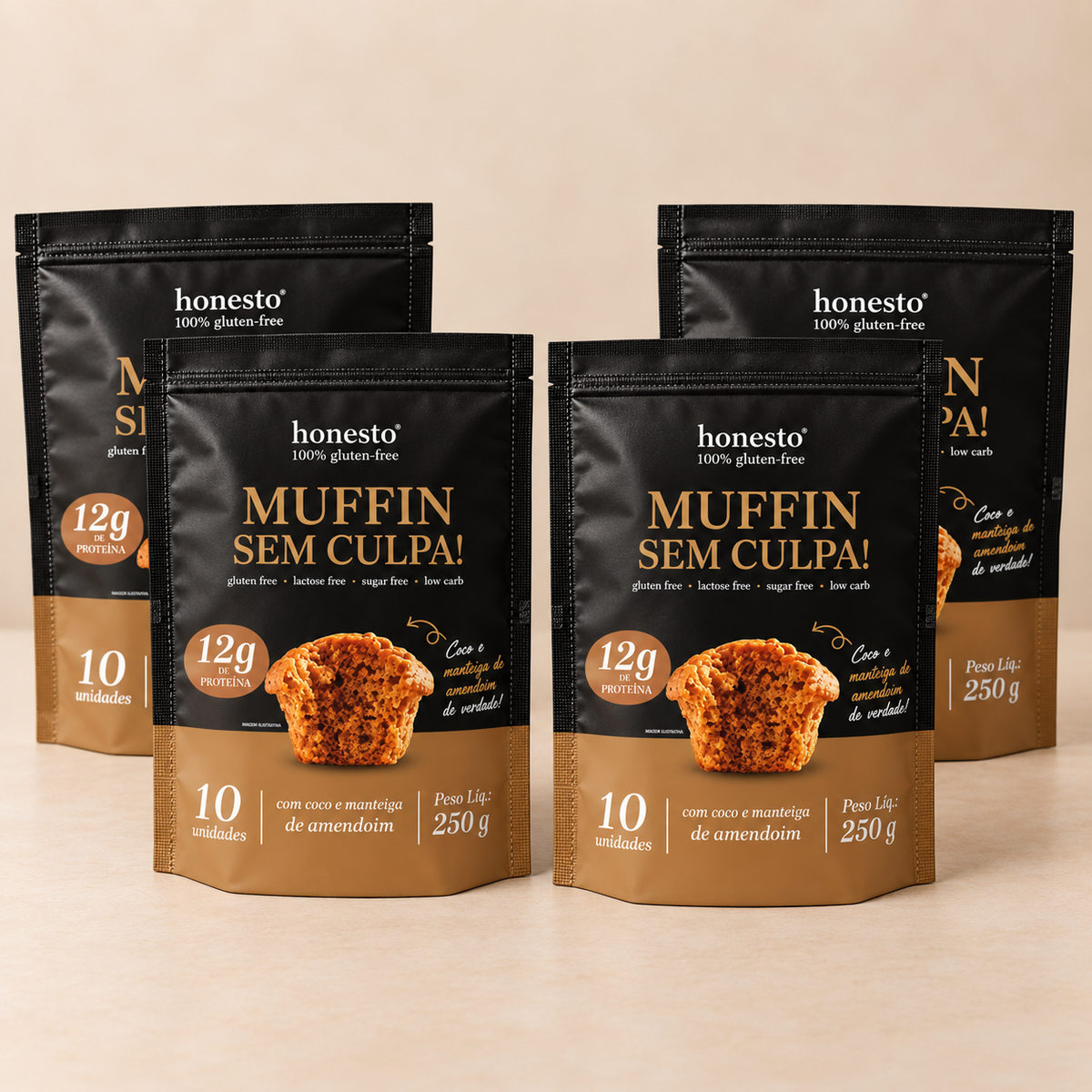 Combo com 4 pacotes de Muffin Sem Culpa Coco e Manteiga de Amendoim Honesto