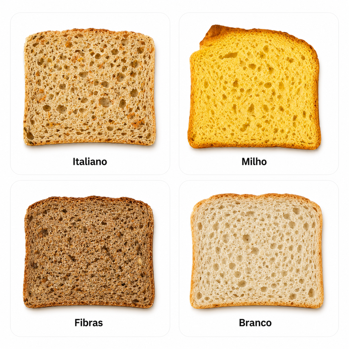 Fatias dos pães Italiano, Milho, Fibras e Branco do Combo Pães Salgados Honesto