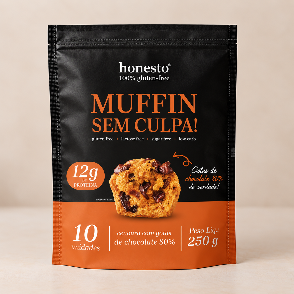 Muffin Sem Culpa Cenoura com Gotas de Chocolate 80% Honesto sem glúten