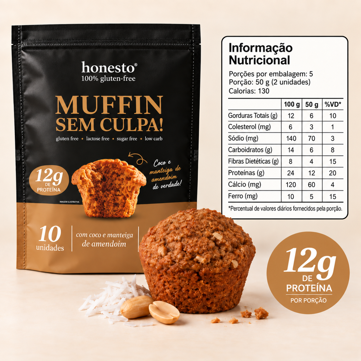 Muffin Coco e Manteiga de Amendoim Honesto com tabela nutricional e 12g de proteína por porção