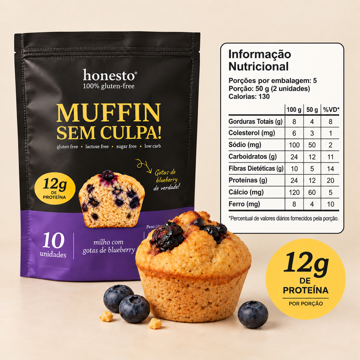 Muffin Milho e Blueberry Honesto com tabela nutricional e 12g de proteína por porção