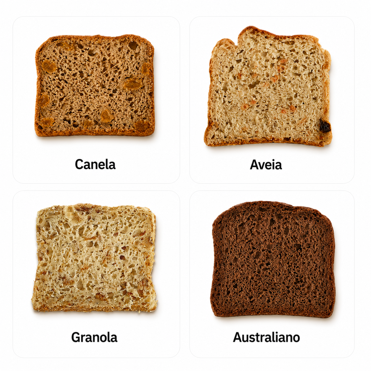 Fatias dos pães Canela, Aveia e Maçã, Granola e Australiano Honesto sem glúten