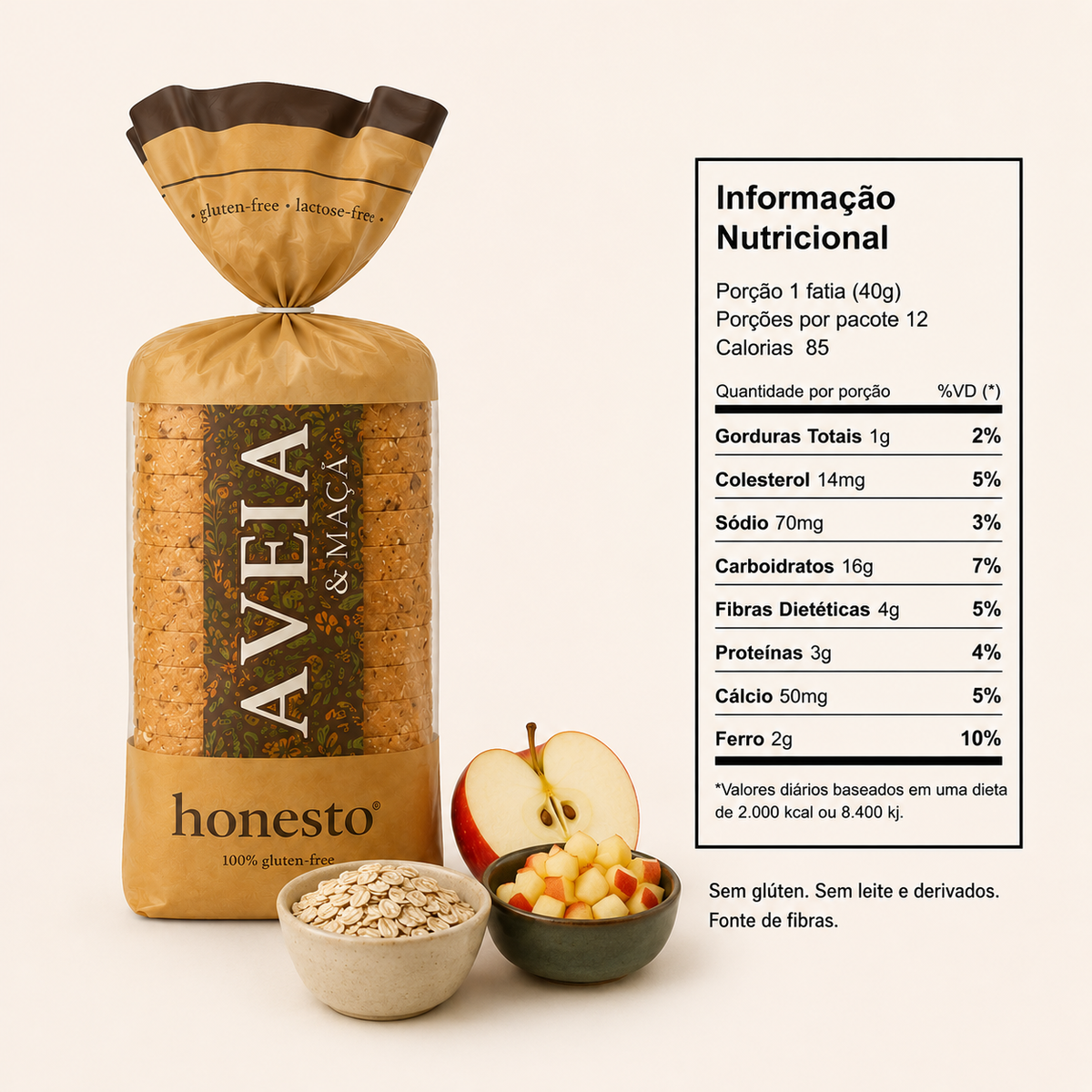 Pão Aveia & Maçã Honesto sem glúten com tabela nutricional e benefícios