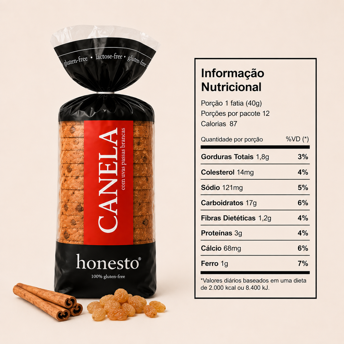 Pão de Canela e Uvas Passas Brancas Honesto sem glúten com tabela nutricional, canela e uvas passas brancas