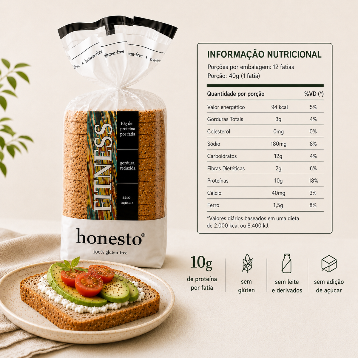Pão Fitness Honesto sem glúten com tabela nutricional e 10g de proteína por fatia
