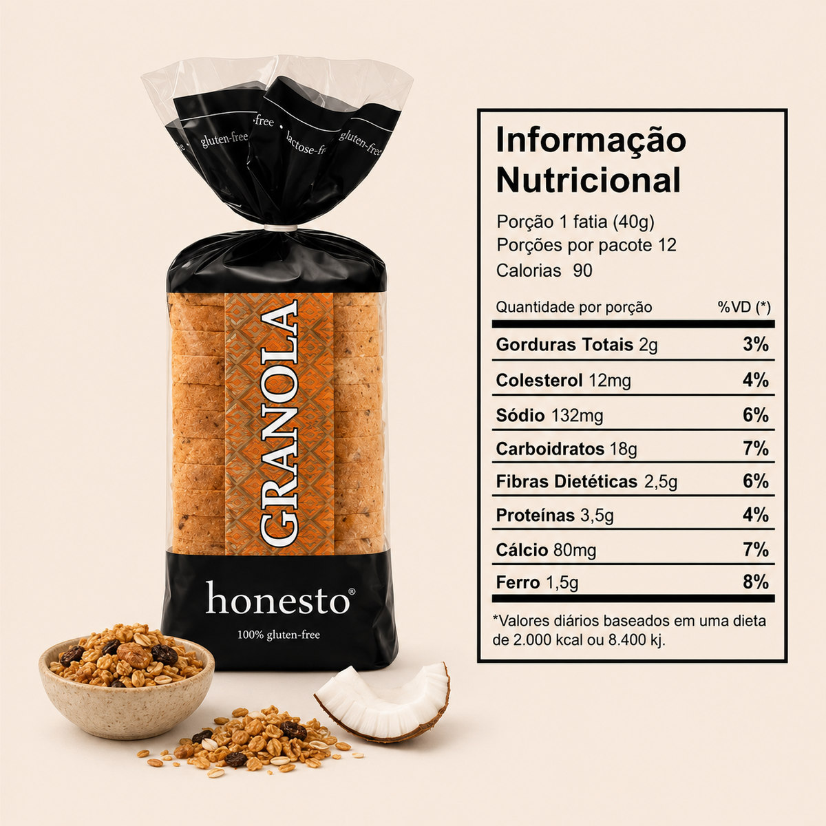 Pão de Granola Honesto sem glúten com tabela nutricional, granola e coco