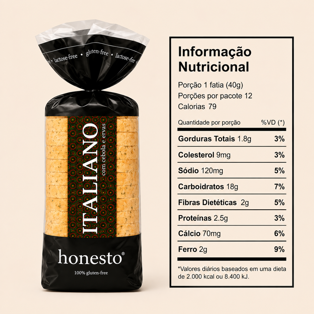 Pão Italiano Honesto sem glúten com tabela nutricional, cebola, orégano e salsinha