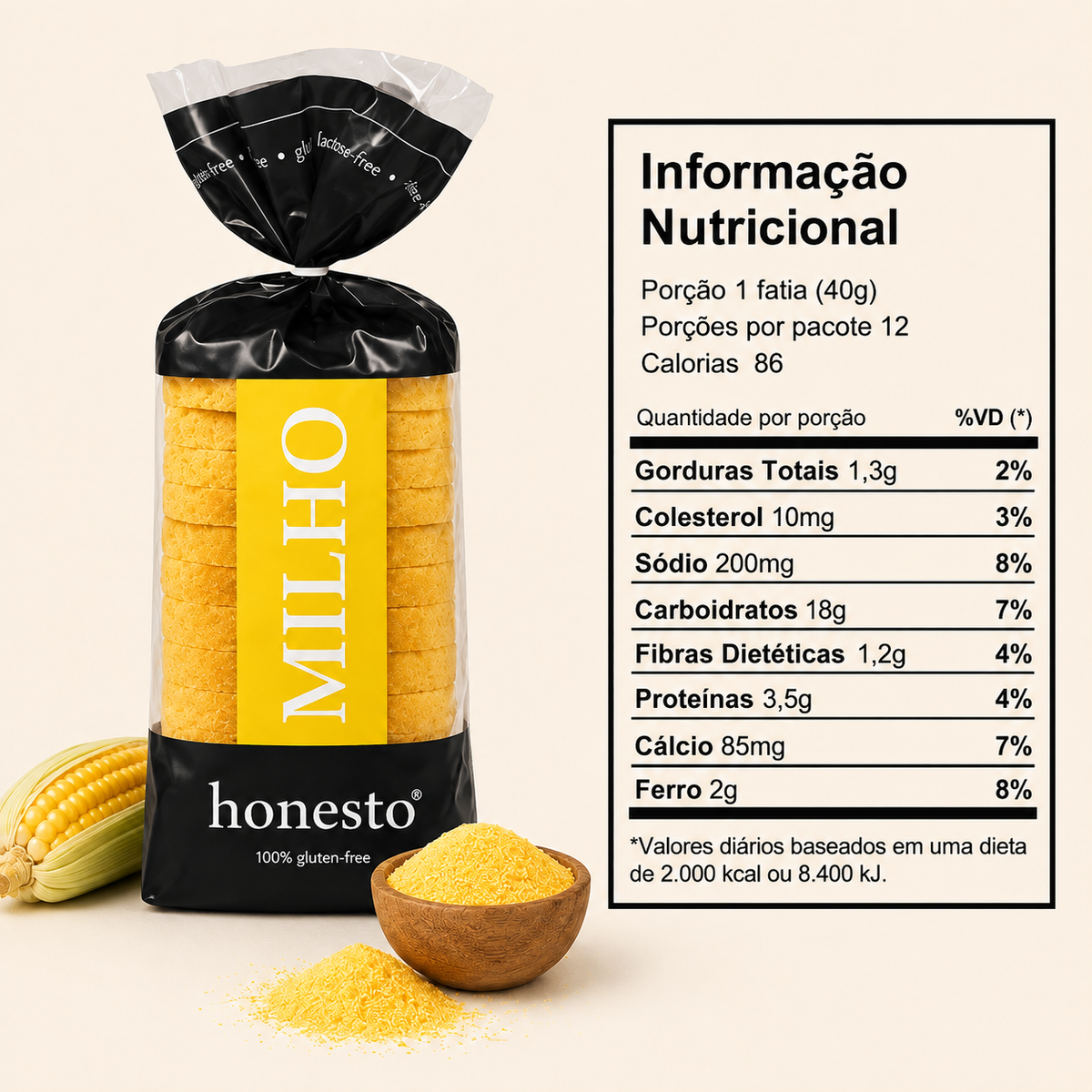 Pão de Milho Honesto sem glúten com tabela nutricional e fubá de milho